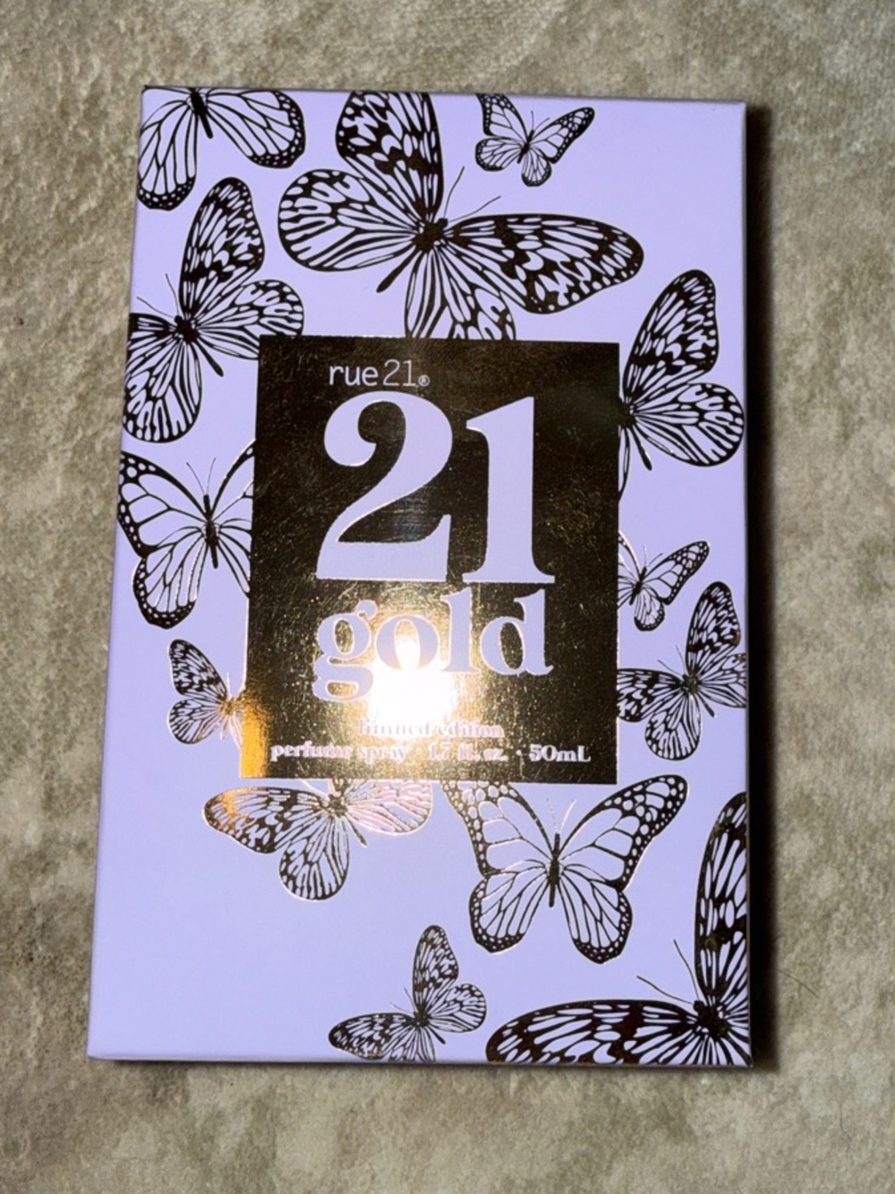 Rue21 Lavender Box with Gold Logo and Black Butterfly Print